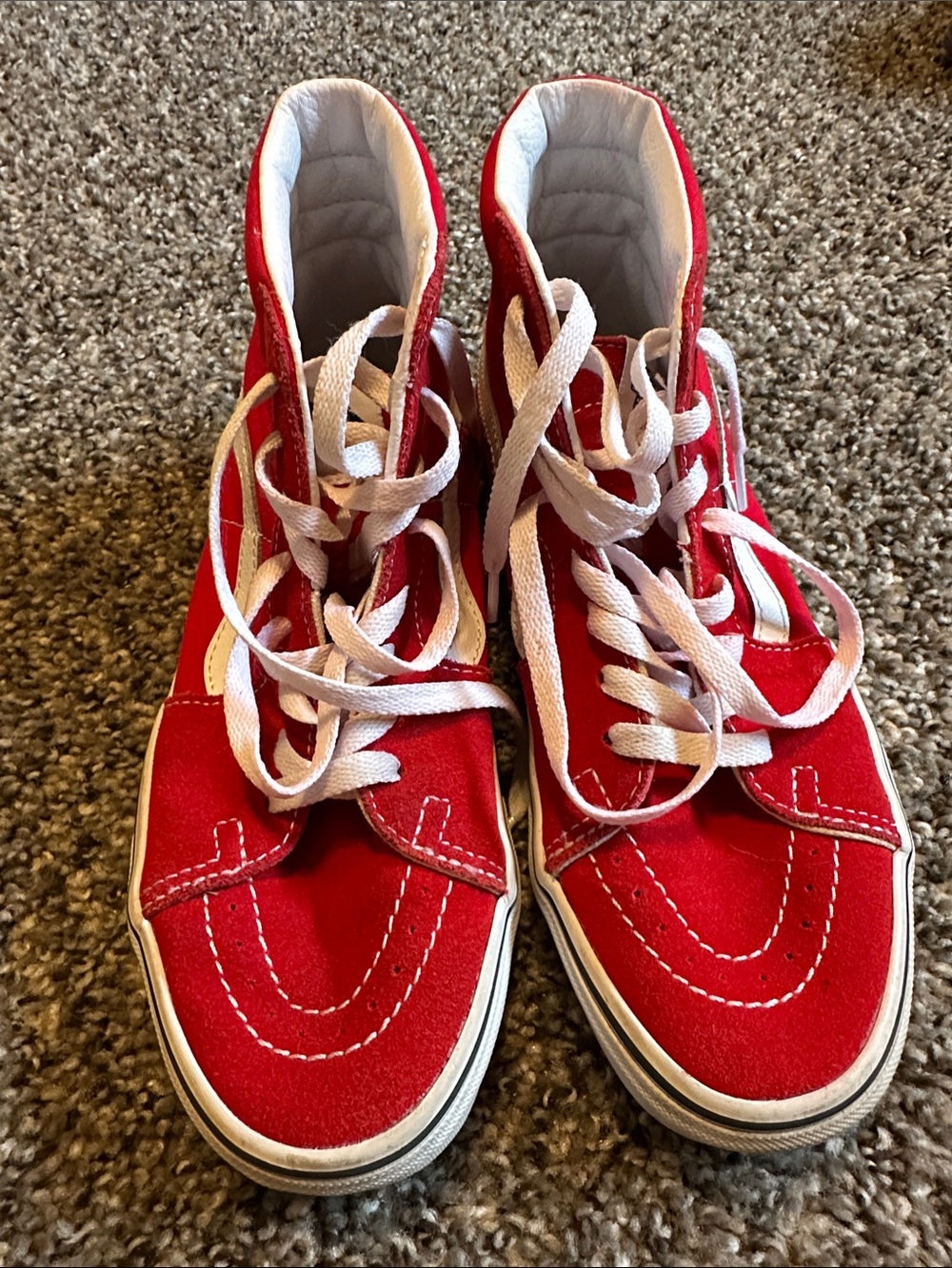 Women’s Vans Red High-Top Skate Sneakers with White Laces